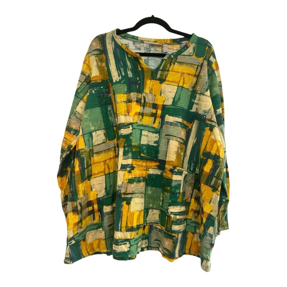 LOGO by Lori Goldstein Tops - LOGO Lori Goldstein 2X Shirt Top Green Yellow Long Tunic V Neck Lagenlook
